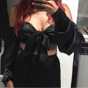 Fashion Nova Black Satin Tie-Front Crop Top